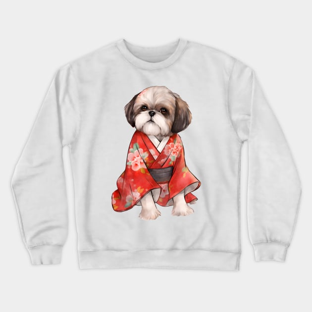 Watercolor Shih Tzu Dog in Kimono Crewneck Sweatshirt by Chromatic Fusion Studio